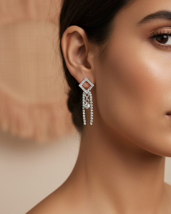 Silver-Plated Geometric Diamond Tassel Drop Earrings