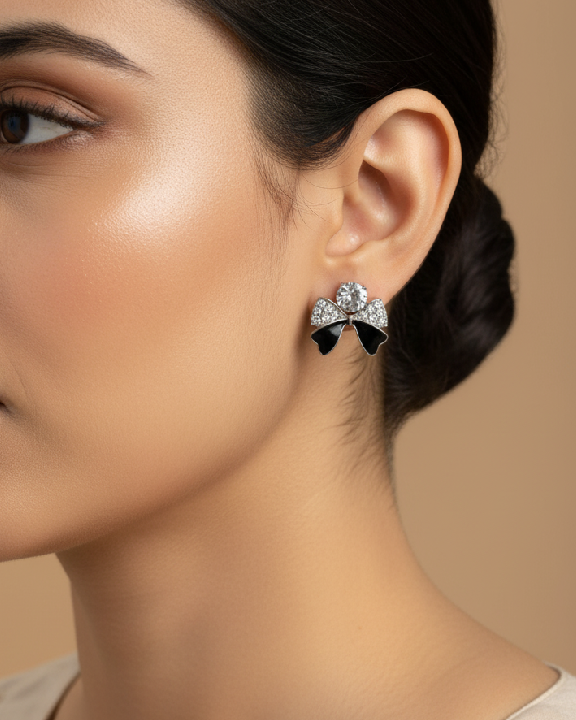 Chic Bow-Knot Crystal Stud Earrings in Black & Silver