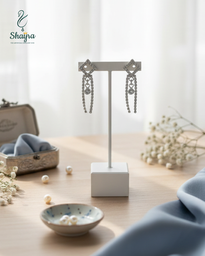 Silver-Plated Geometric Diamond Tassel Drop Earrings