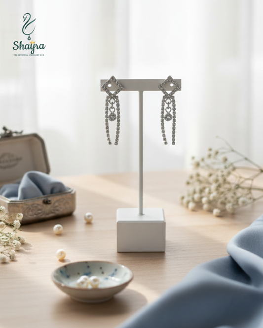 Silver-Plated Geometric Diamond Tassel Drop Earrings