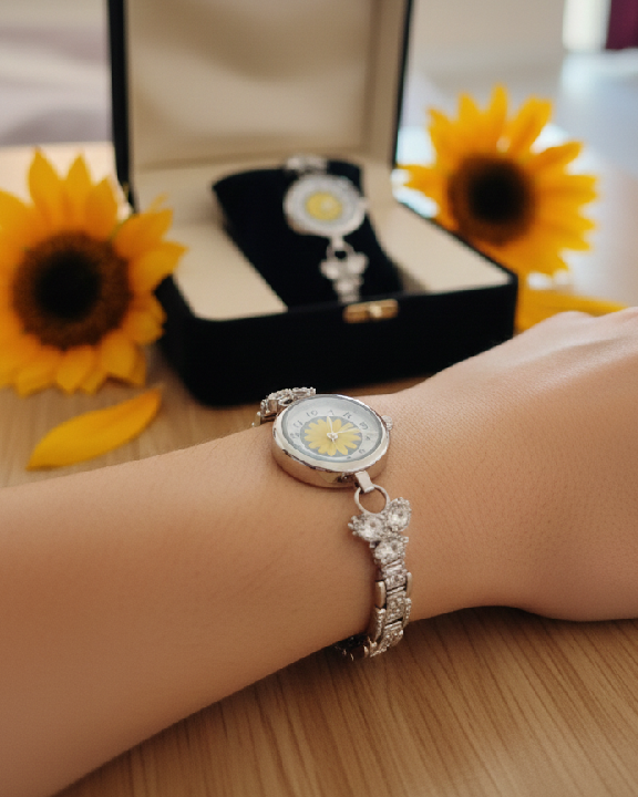 Silver-Finish Sunflower Charm Bracelet Watch