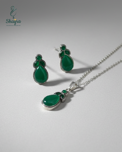 Silver-Finish Emerald Green Statement Set