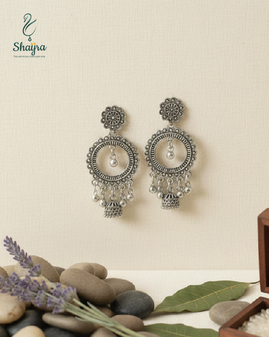Shayra Bohemian Style Oxidized Silver Daily Wear Jhumkis
