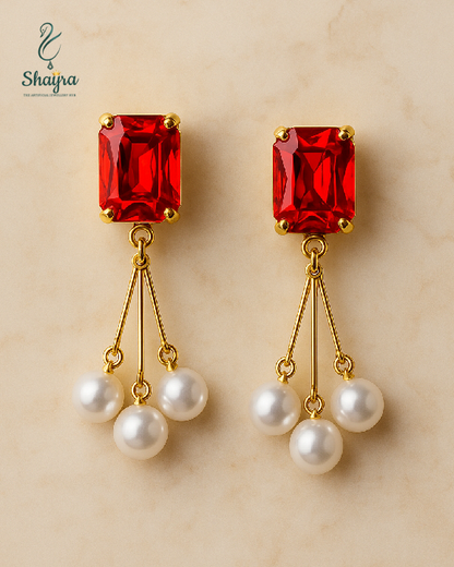 Vintage-Style Red Crystal & Pearl Drop Earrings