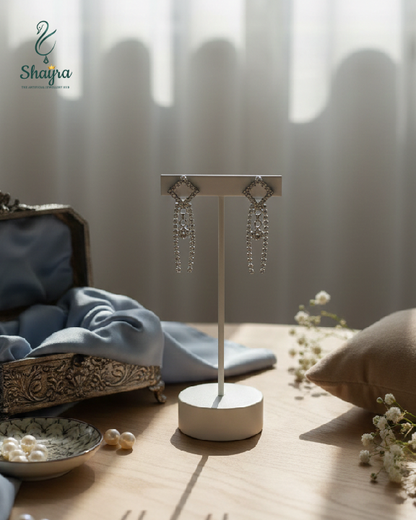 Silver-Plated Geometric Diamond Tassel Drop Earrings