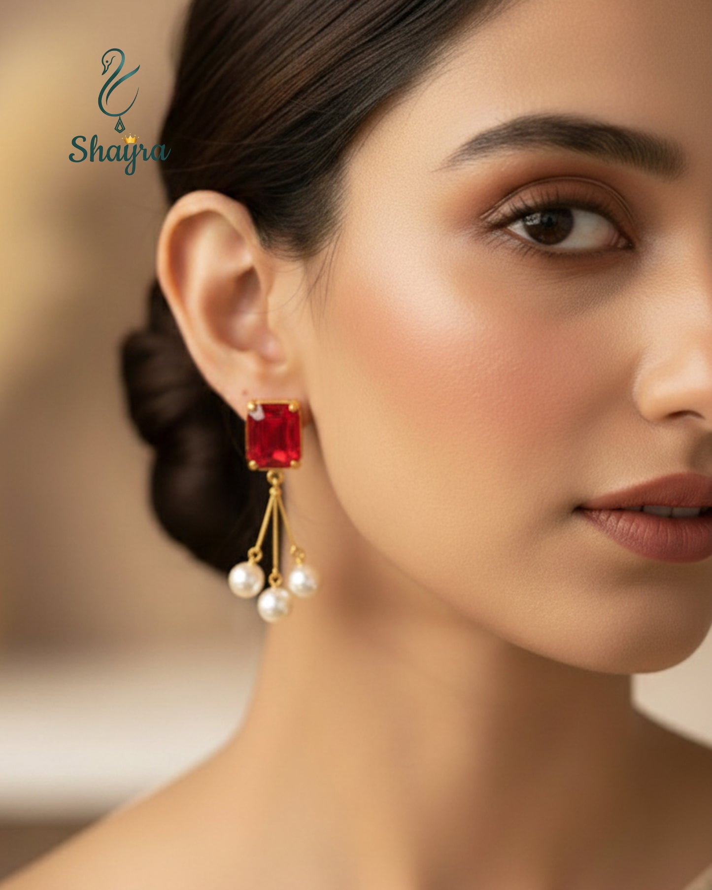 Vintage-Style Red Crystal & Pearl Drop Earrings