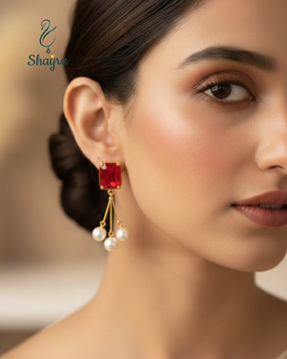 Vintage-Style Red Crystal & Pearl Drop Earrings